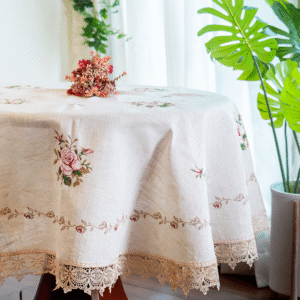 Beige Floral Embroidered Tablecloth