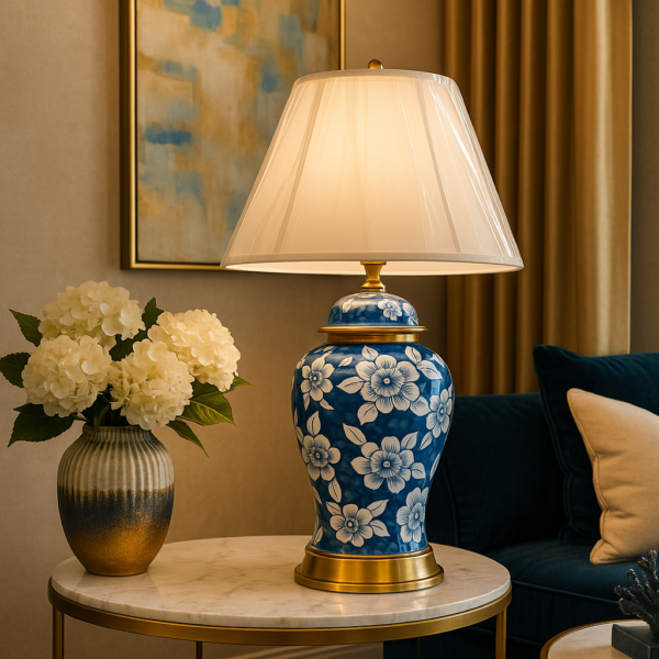 CERAMIC DARK BLUE LAMP WITH FLOWERS