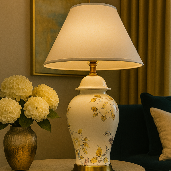 CERAMIC LAMP WITH WHITE FLOWERS